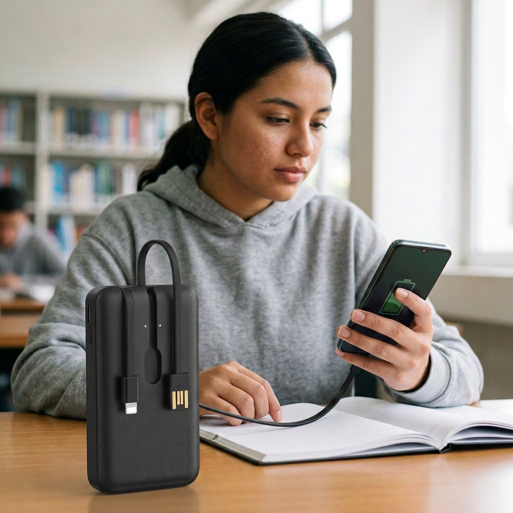 Estudiante cargando su celular con la power bank en la biblioteca