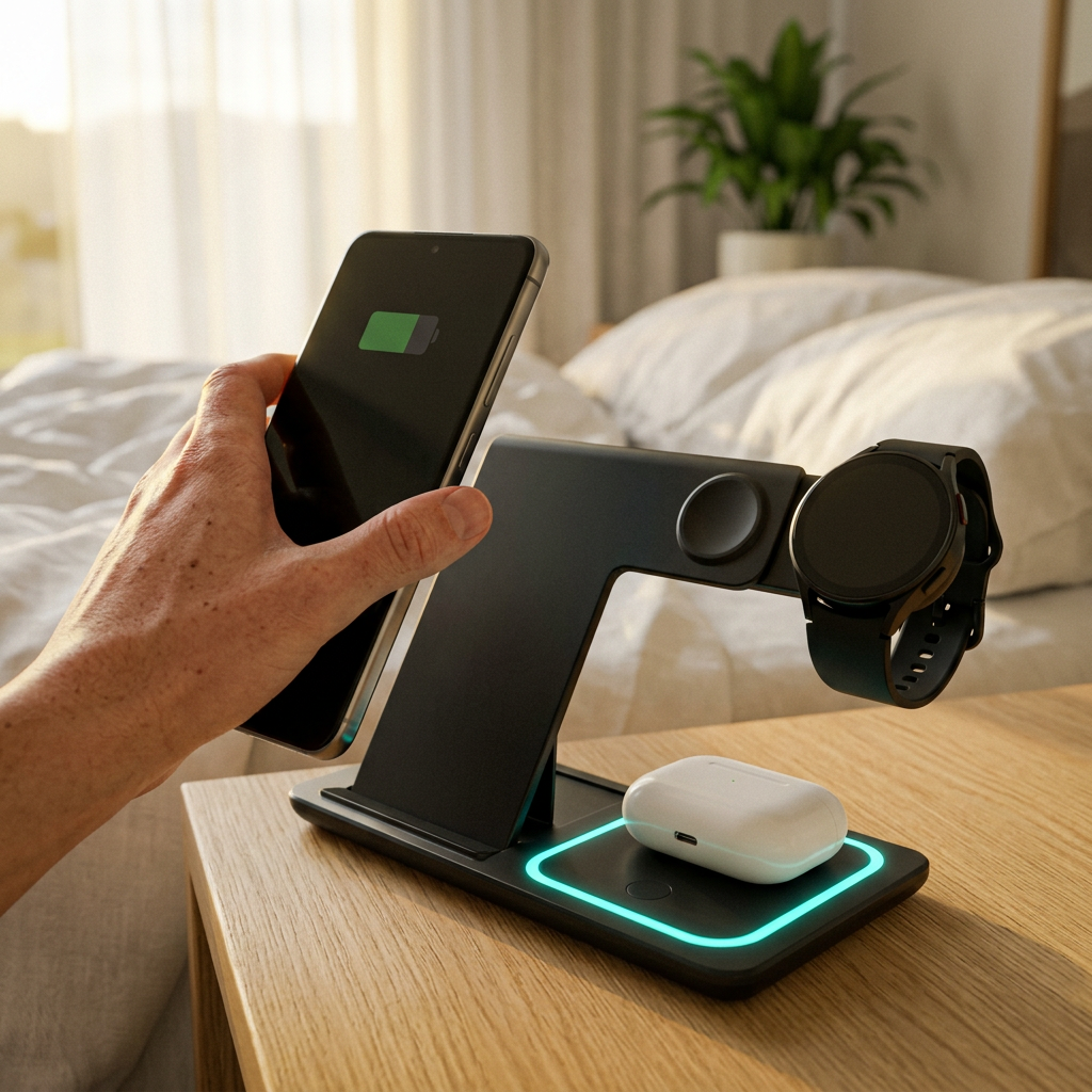 Tomando el celular cargado del cargador 3 en 1 en la mesa de noche