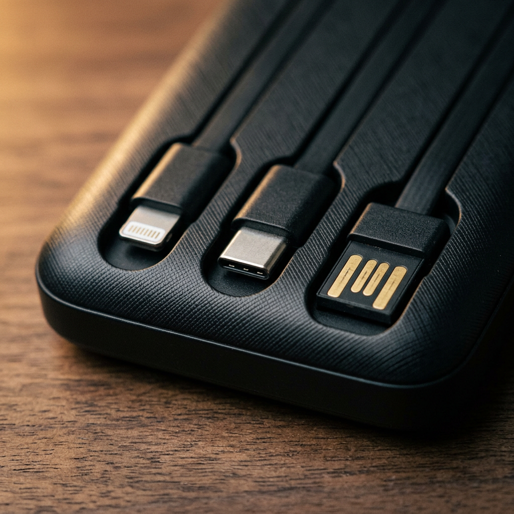 Primer plano de los conectores Lightning, Tipo C y USB-A de la power bank