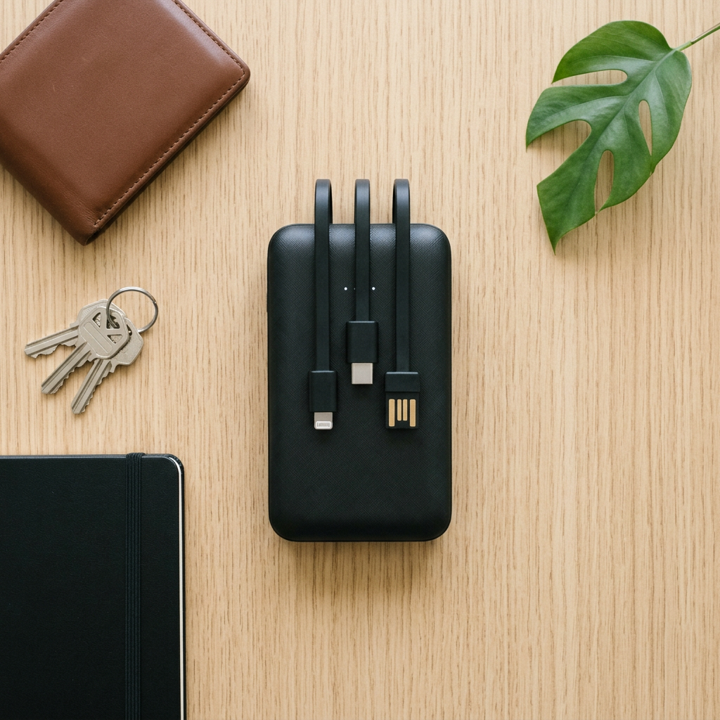 Power bank sobre un escritorio junto a billetera y llaves
