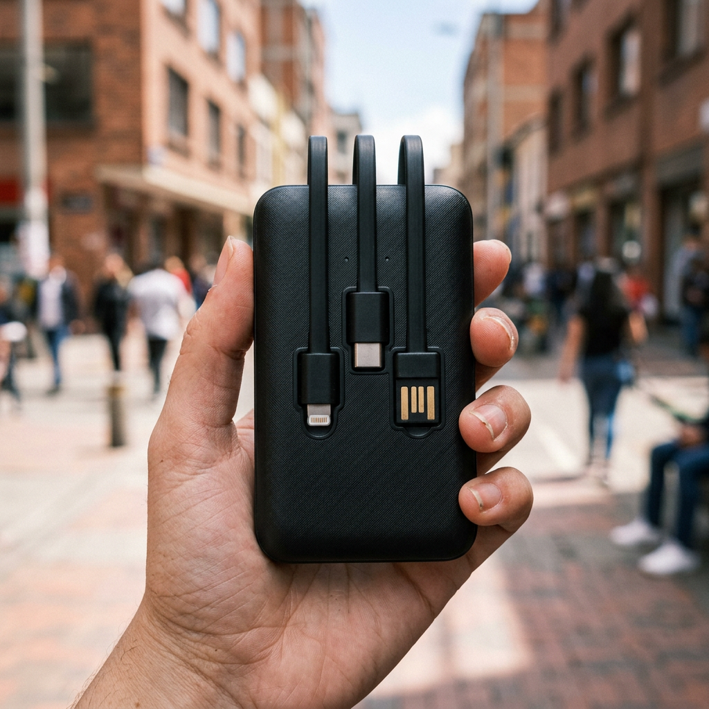 Power bank en la mano para mostrar su tamaño compacto
