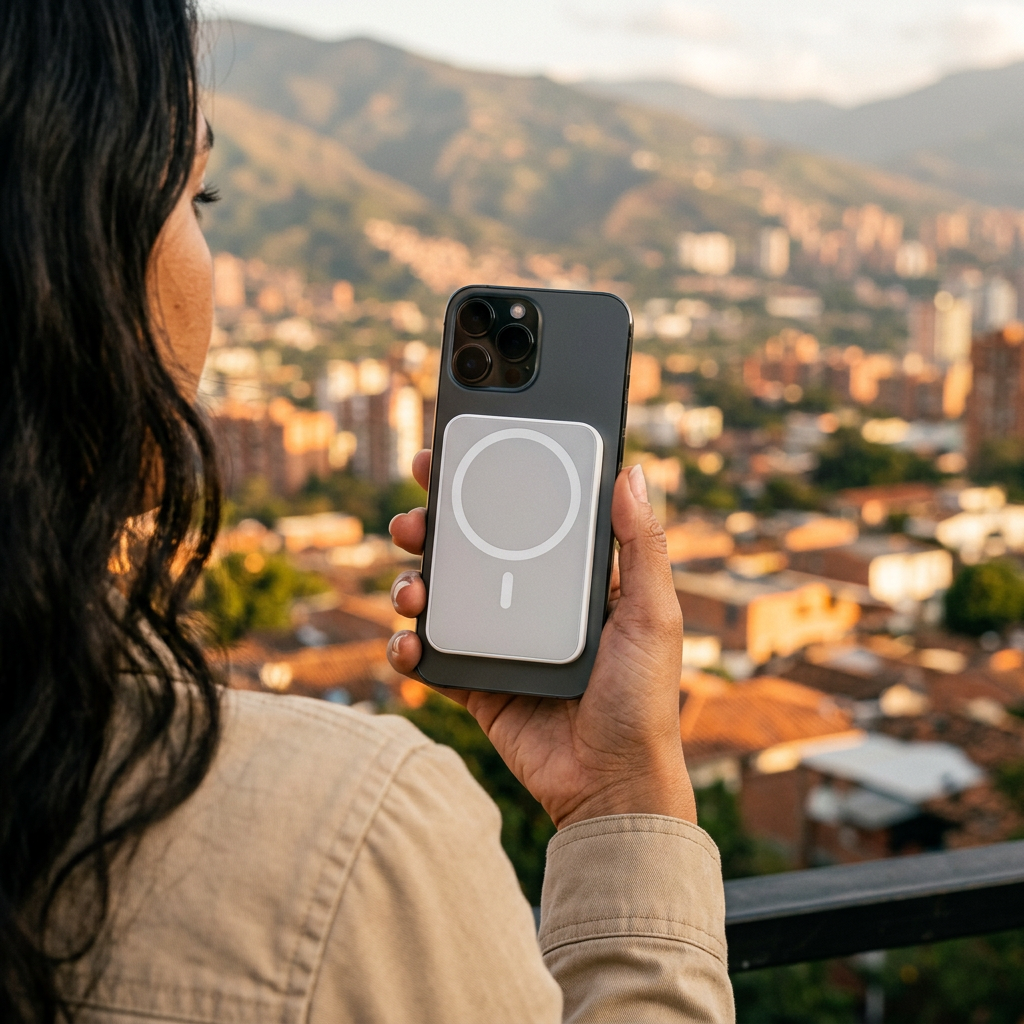 iPhone con la power bank magnética pegada en un mirador de Medellín