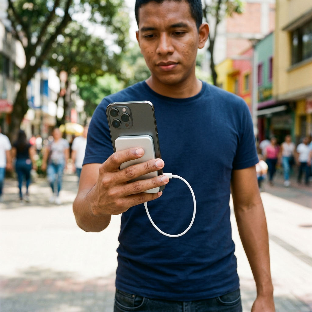 Power bank cargando el iPhone con el cable incluido mientras camina por la calle