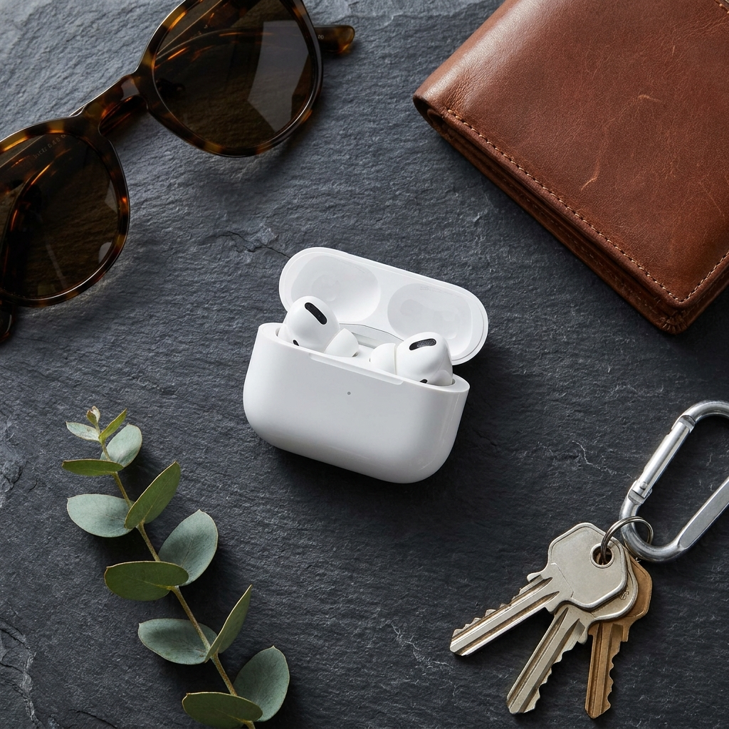 Estuche de carga abierto con los audífonos junto a gafas, billetera y llaves