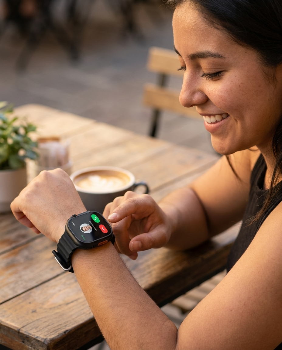 Mujer contestando una llamada desde el smartwatch