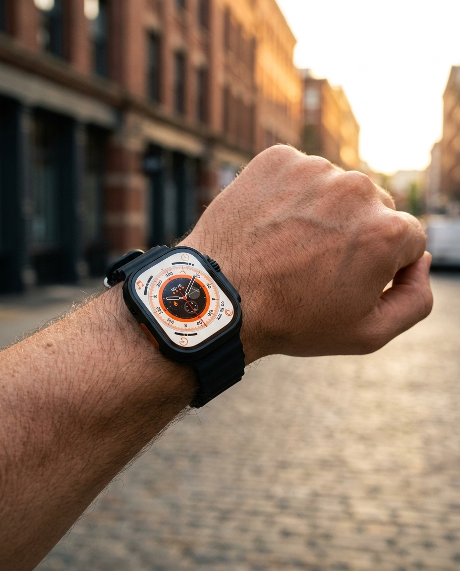 Smartwatch en la muñeca caminando por la ciudad