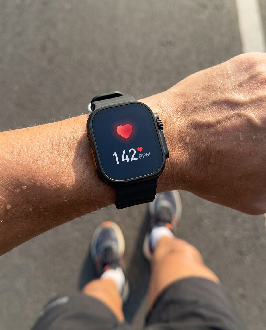 Smartwatch midiendo la frecuencia cardíaca mientras corre