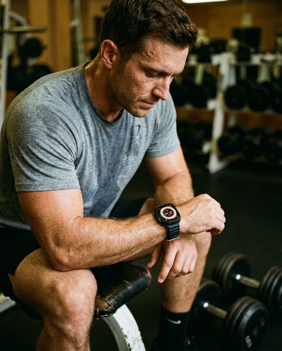 Hombre revisando su smartwatch en el gimnasio