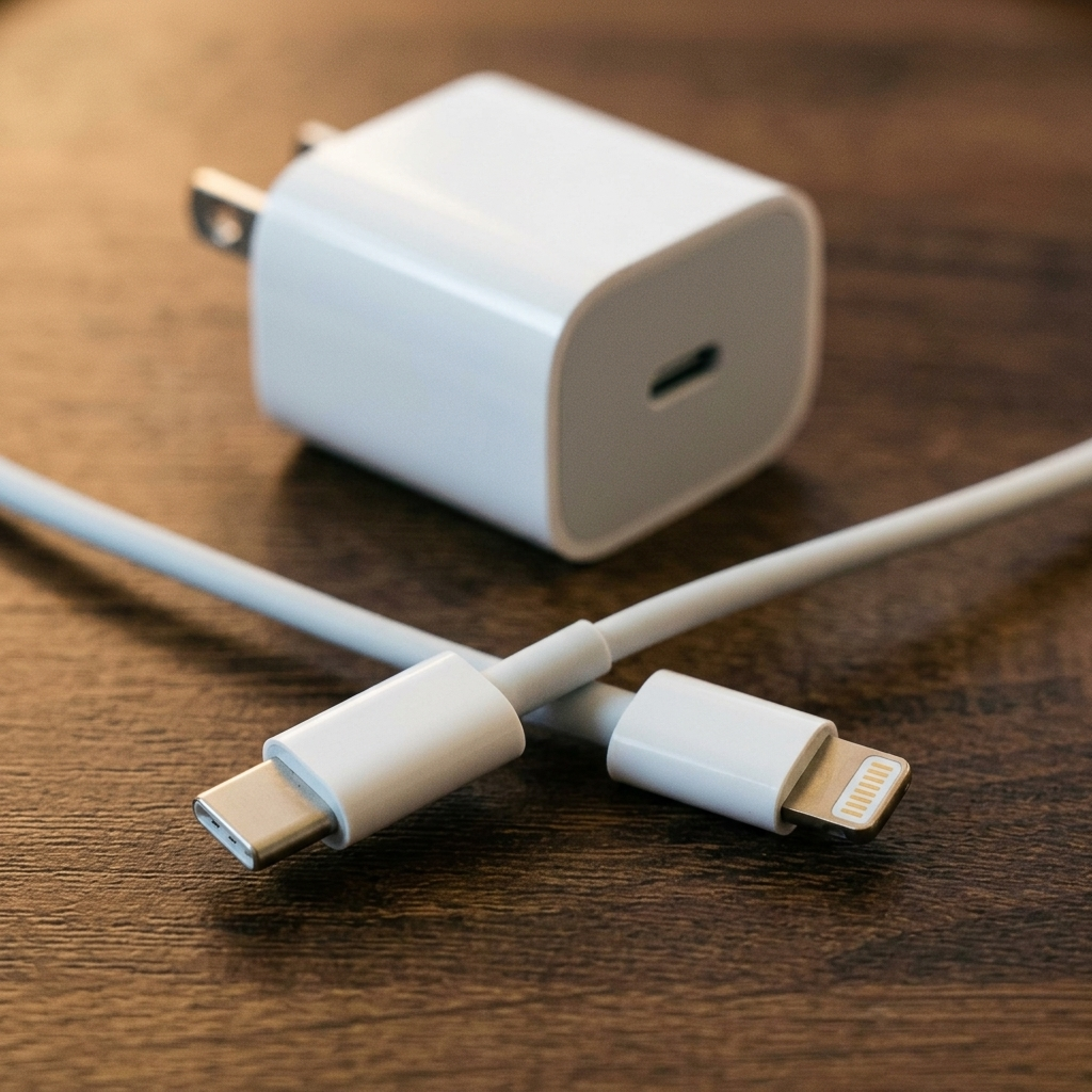 Puntas USB-C y Lightning del cable junto al cubo de carga