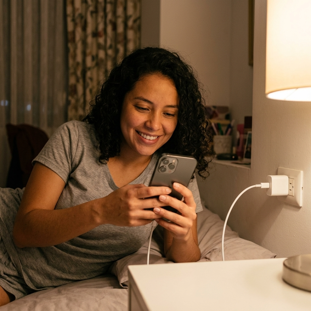 Mujer usando su celular en la cama mientras carga