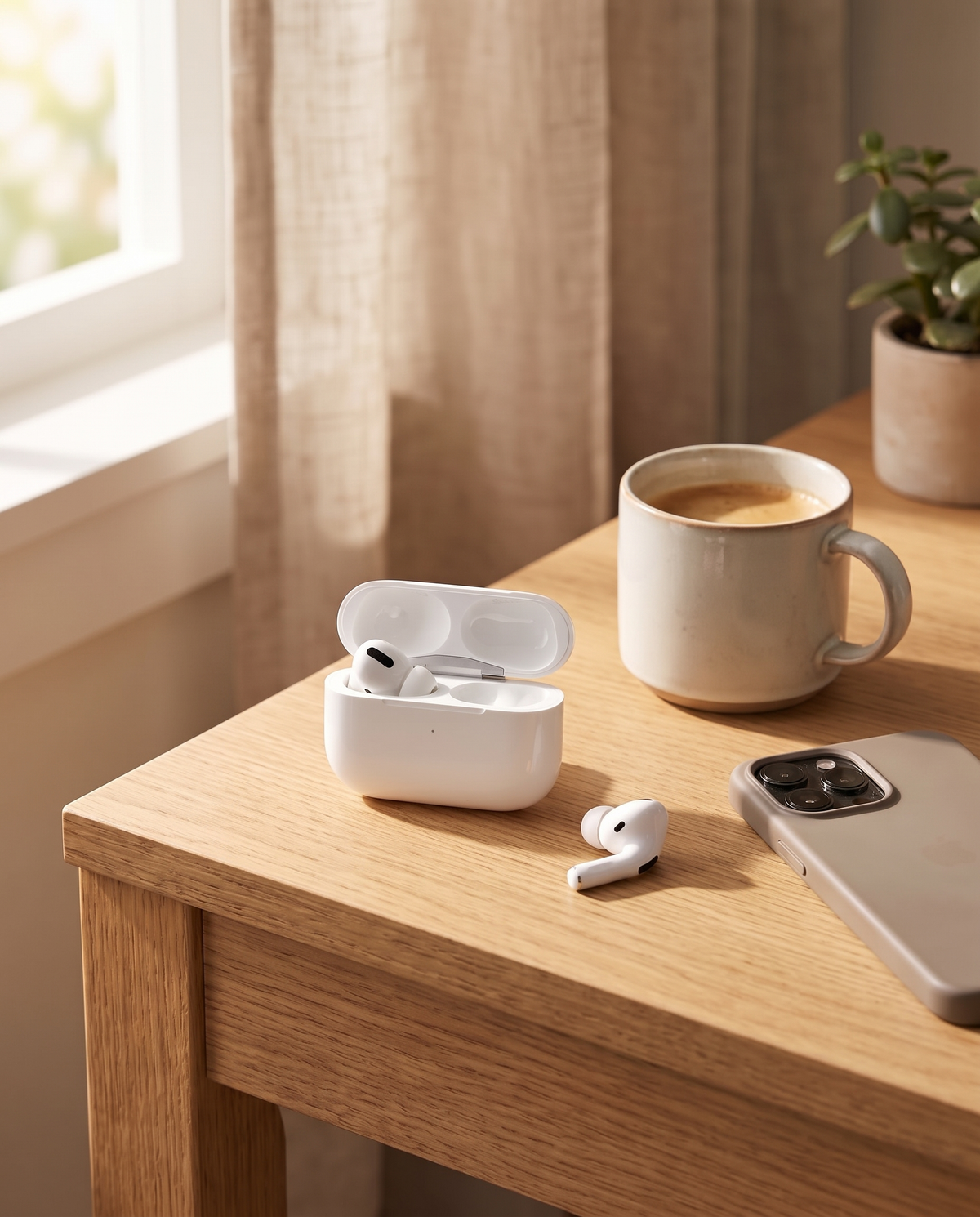 Estuche de los audífonos abierto sobre una mesa junto a una taza de café