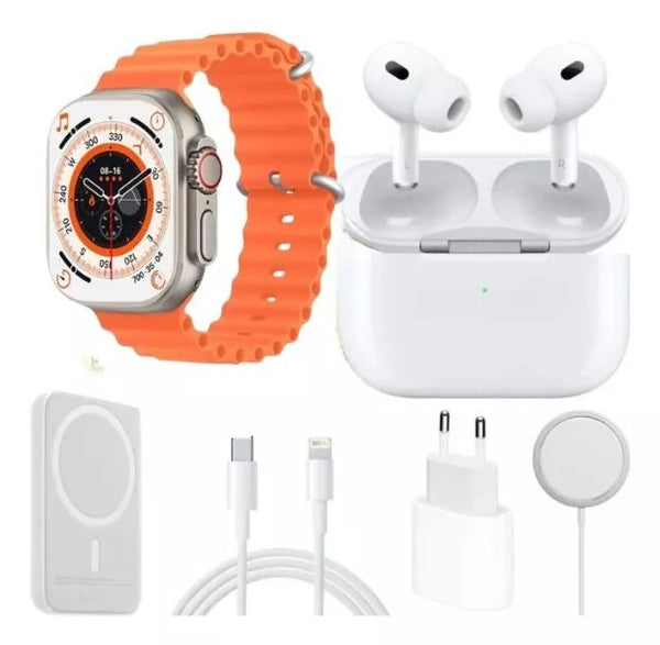 Combo smartwatch X8 Ultra + audífonos + power bank magnética